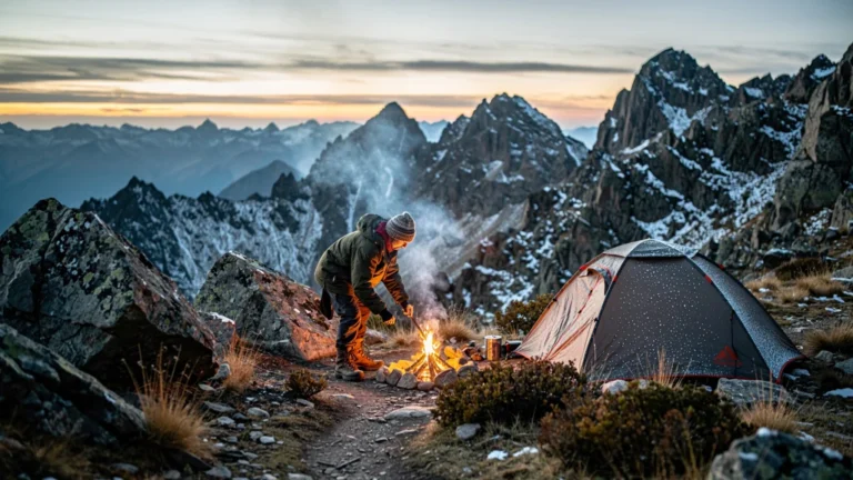 Bivouac coûteux dans un col de l'Atlas hors-saison avec un randonneur isolé au crépuscule