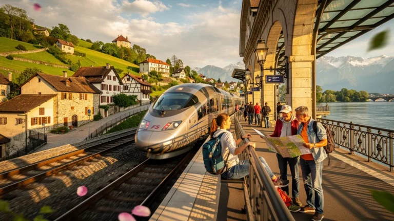 Quai de gare européenne au départ d'un voyage en train d'un mois