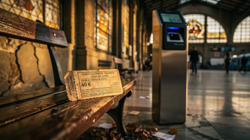 Ticket régional non composté à Florence avec amende de 40 €, photographie hyper-réaliste en gare historique