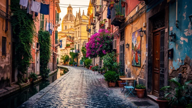 Ruelles labyrinthiques de Naples baignées de lumière dorée, ambiance authentique et détails ultra-réalistes