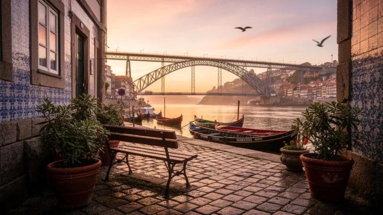 Vue matinale hyperréaliste de Porto sans foule, reflétant la lenteur et la sérénité du Douro au lever du jour