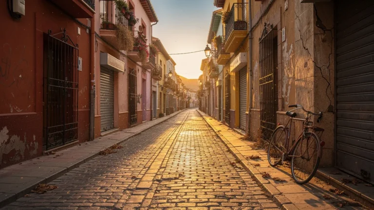 Rue espagnole vide à l’heure de la sieste, commerces fermés en après-midi en Espagne