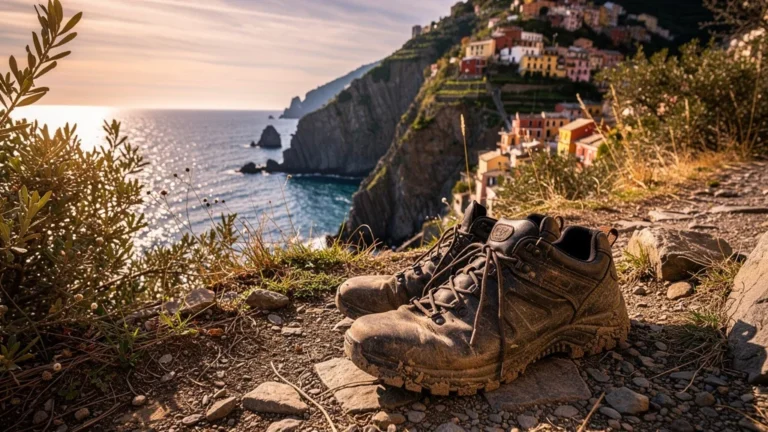 Chaussures de marche usées sur un sentier entre Gênes et les Cinque Terre, paysage côtier lumineux