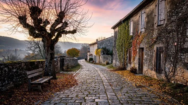 Village désert en Ardèche hors saison dans une lumière dorée d'automne, ambiance paisible et textures hyper-réalistes