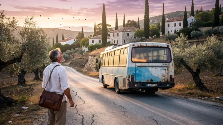 Paysage grec continental au lever du jour avec bus local et voyageur homme d'environ 53 ans