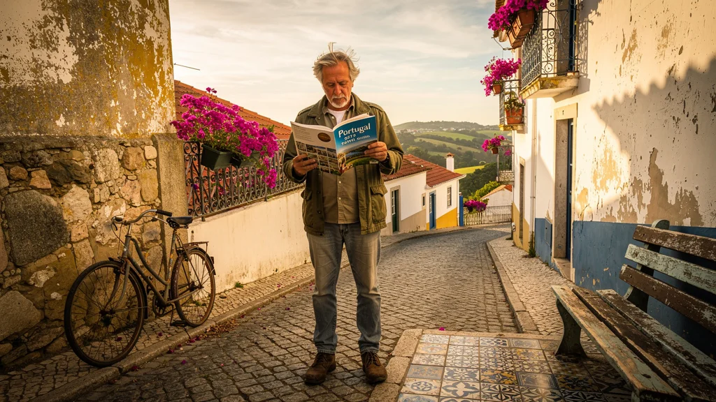 Homme de 53 ans avec un guide papier de 2015 dans un village pittoresque du Portugal au coucher du soleil
