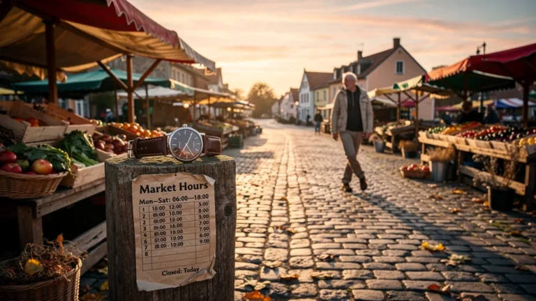 Marché déserté au lever du jour, ambiance mélancolique d'un voyageur ayant manqué l'ouverture