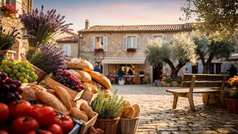 Marché de Provence matinal vibrant remplaçant un itinéraire, ambiance rustique et lumière dorée