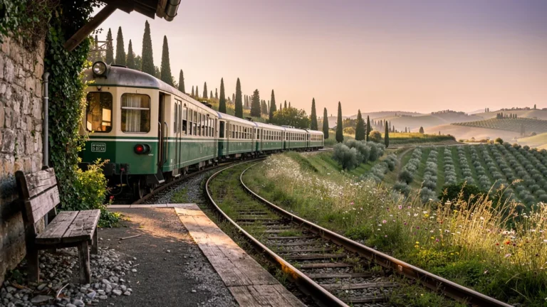 Paysage de voyage lent en train régional italien au coucher du soleil, ambiance paisible et réaliste