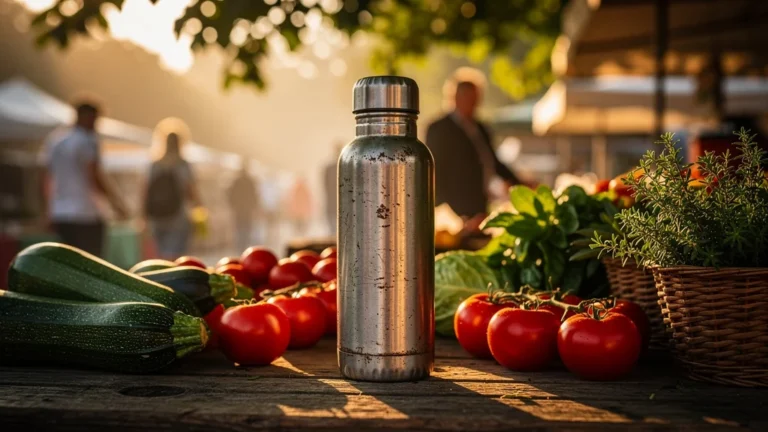 Vieille gourde isotherme usée sur table en bois au marché du matin, ambiance estivale et authentique
