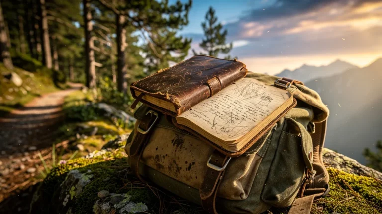Carnet de notes usé sur sac à dos après six semaines de randonnée, durable et authentique