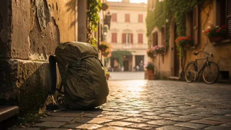 Sac à dos de 40 litres posé dans une ruelle italienne typique, symbole de voyage minimaliste en Italie