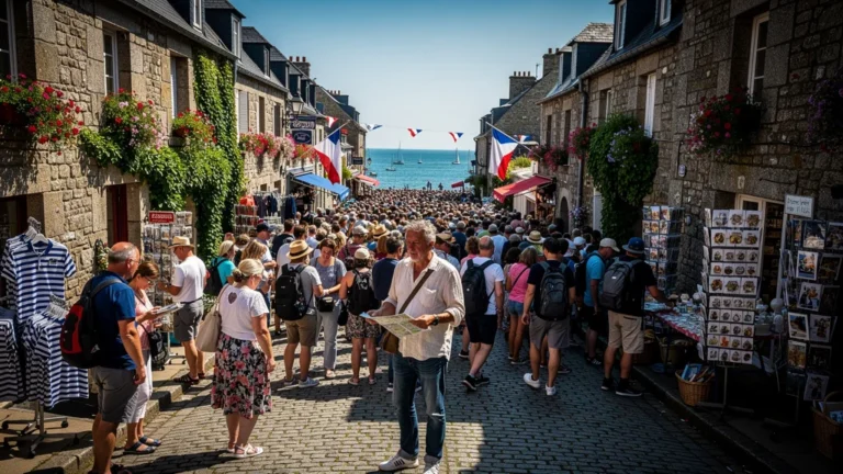 Scène hyper-réaliste d’une ville bretonne bondée en août, reflet d’une erreur de voyage estivale