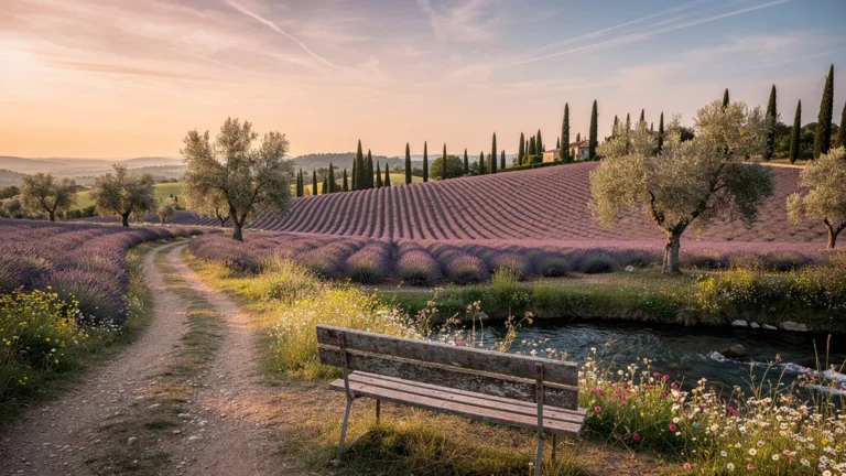Paysage calme en Provence ou arrière-pays niçois avec champs de lavande et chemin rustique au coucher du soleil
