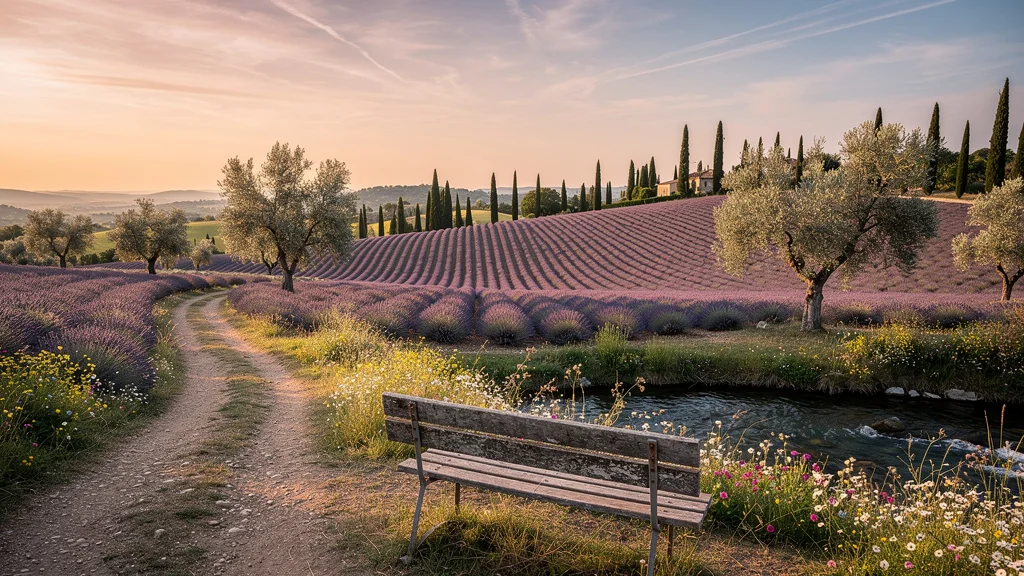 Paysage calme en Provence ou arrière-pays niçois avec champs de lavande et chemin rustique au coucher du soleil