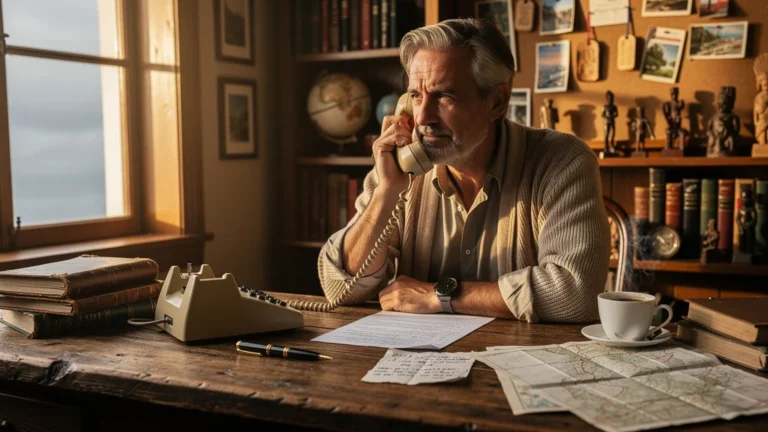 Homme de 53 ans réservant une pension par téléphone dans un bureau chaleureux et vintage, ambiance nostalgique