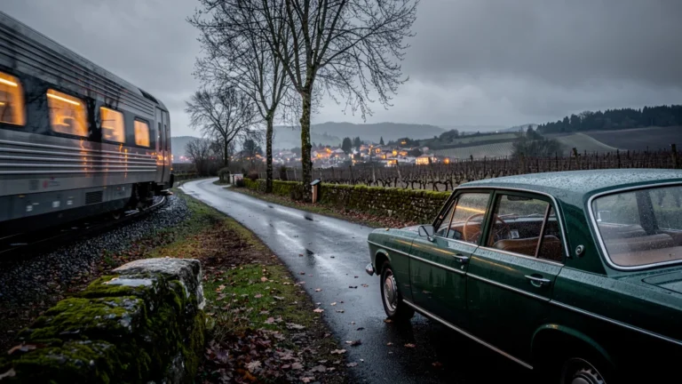 Vue hyperréaliste train de nuit et voiture au crépuscule pour rejoindre le Sud-Ouest hors saison
