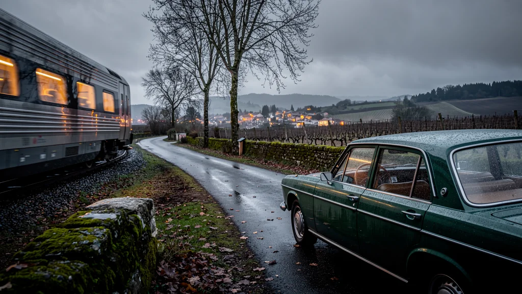 Vue hyperréaliste train de nuit et voiture au crépuscule pour rejoindre le Sud-Ouest hors saison