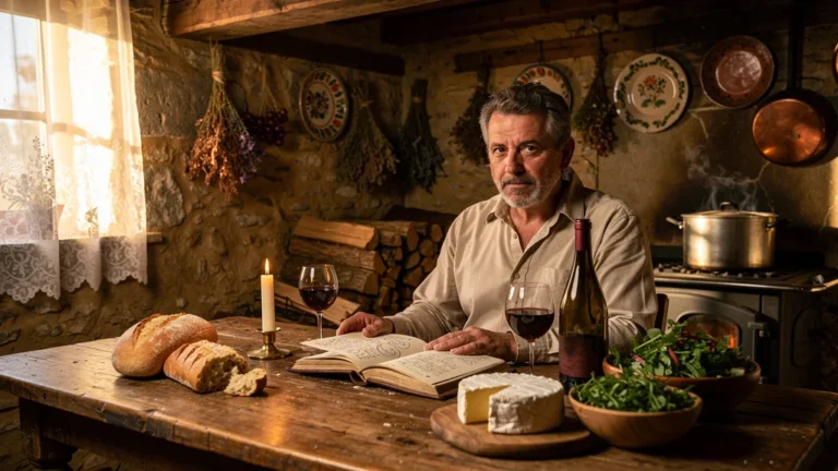 Dîner chez l'habitant en Auvergne avec voyageur réfléchissant et carnet de route ouvert sur table rustique