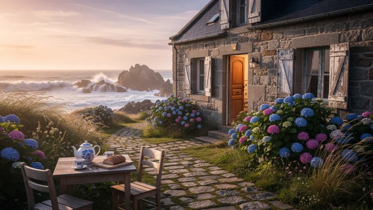 Pension de famille en Bretagne au coucher de soleil, charme authentique et atmosphère paisible face à la mer