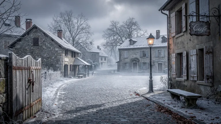 Village européen déserté hors saison avec maisons fermées et rues vides sous lumière hivernale pâle